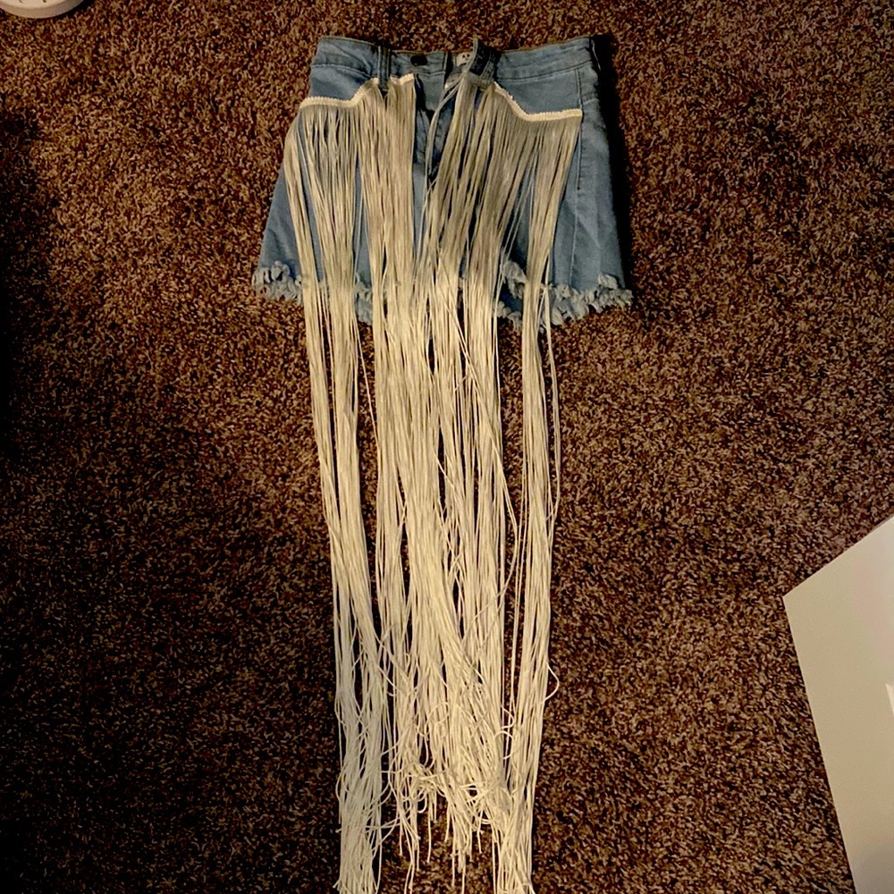 AP Blue small fringe blue Jean shorts